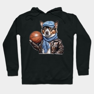 a dog wearing a leather jacket  and a hat holding a basketball ball Hoodie